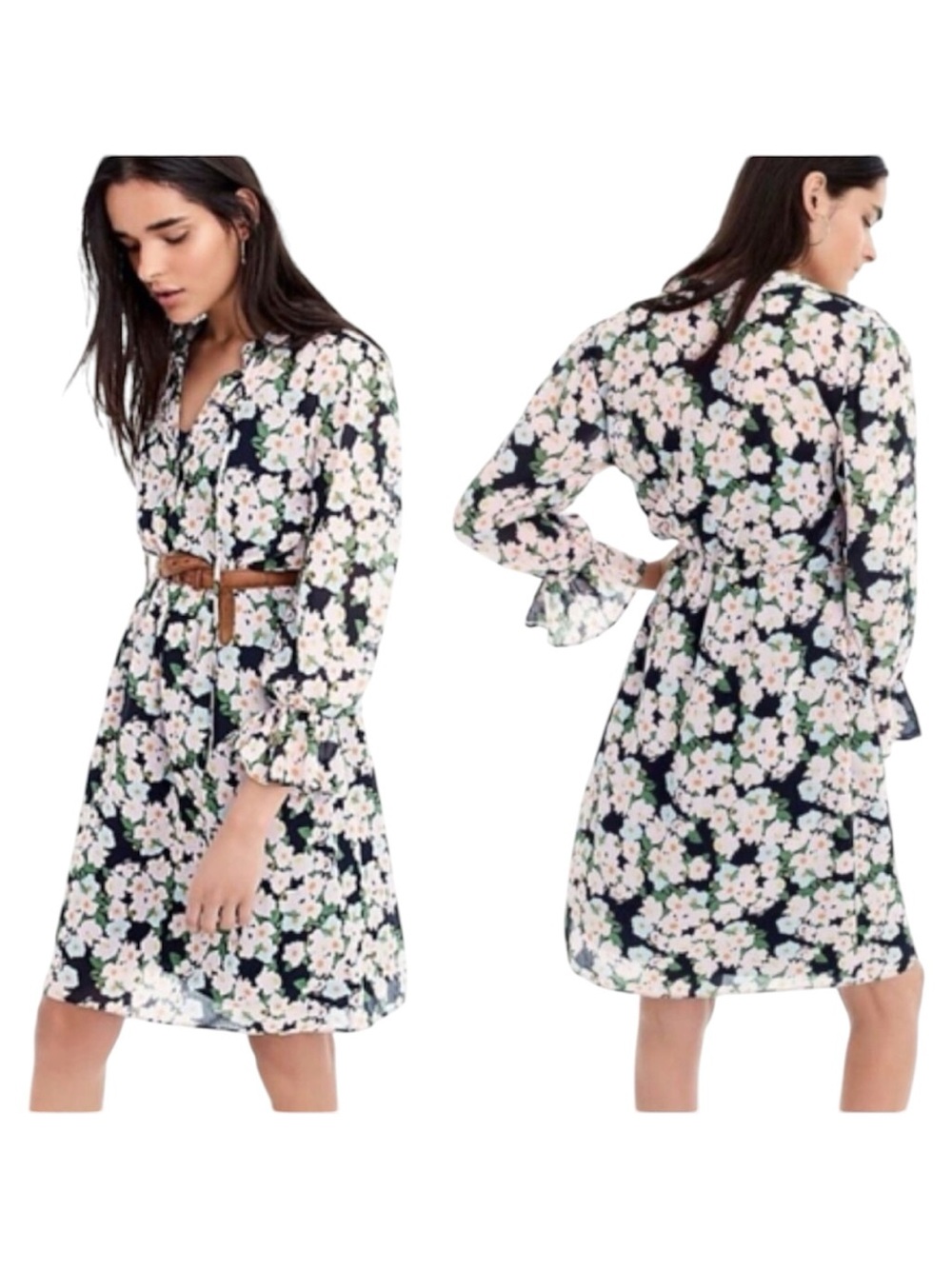 J Crew Long Sleeve Dress High Neck Rose Floral Size XXS Ruffle Flare Cuffs